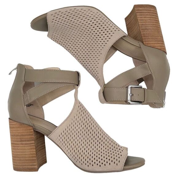 Marc Fisher Gabie Taupe Suede Leather Perforated Shootie Block Heel Sandals Sz 9 - Picture 5 of 12